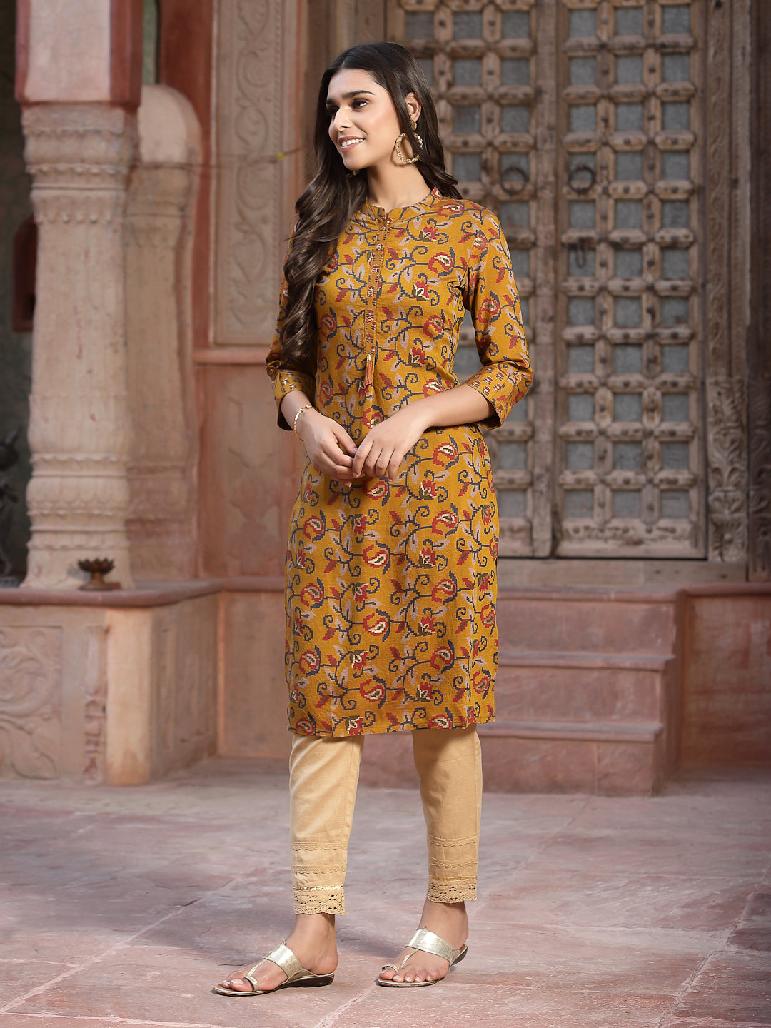Mustard Muslin Printed Straight Kurta