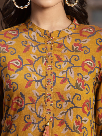 Mustard Muslin Printed Straight Kurta