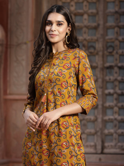Mustard Muslin Printed Straight Kurta