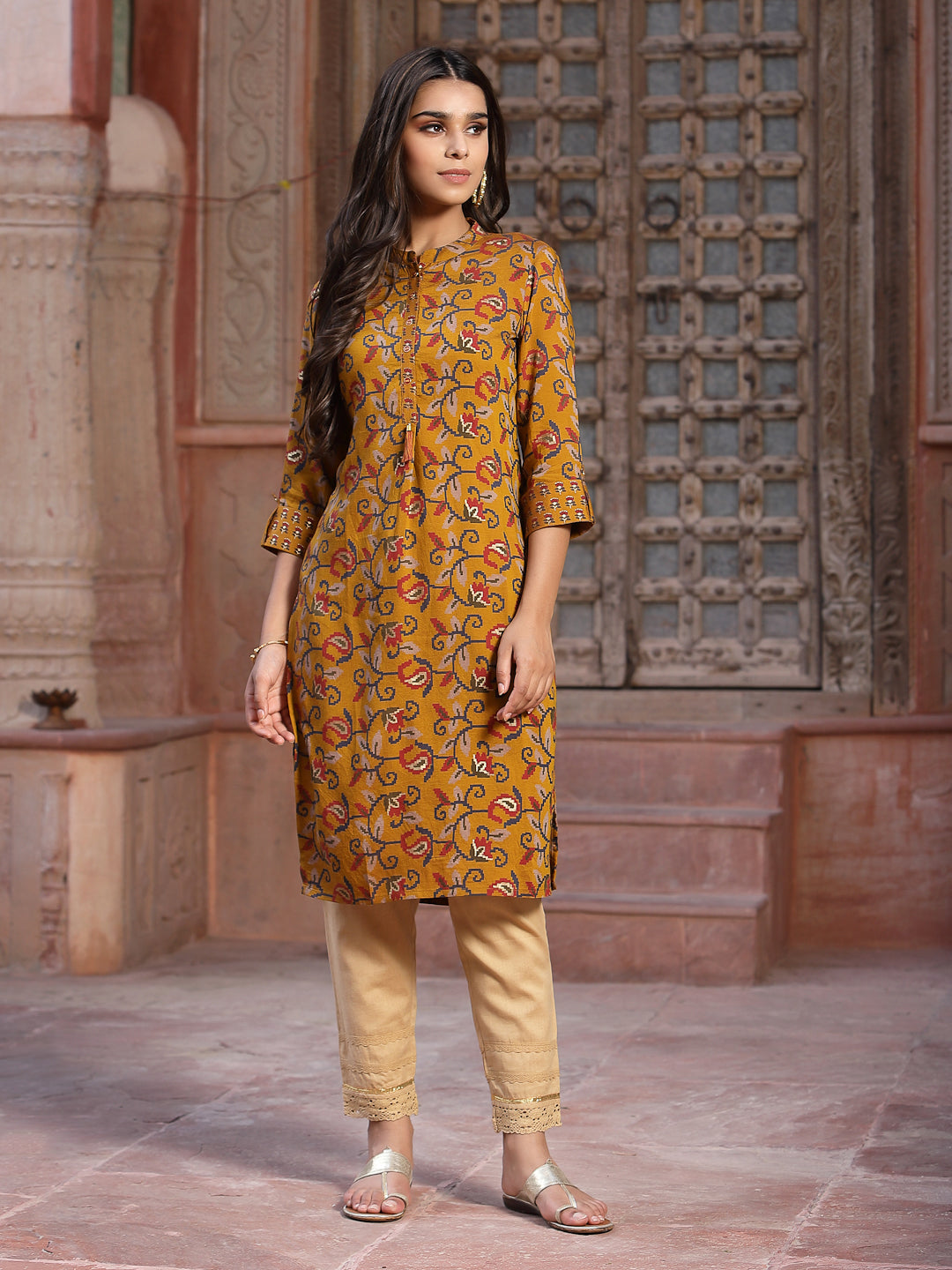 Mustard Muslin Printed Straight Kurta