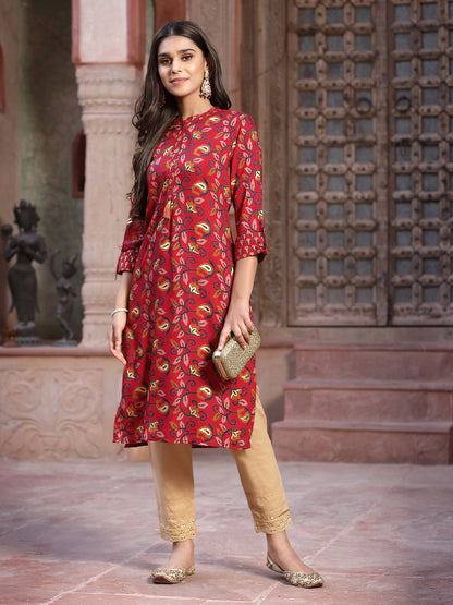 Red Muslin Printed Straight Kurta