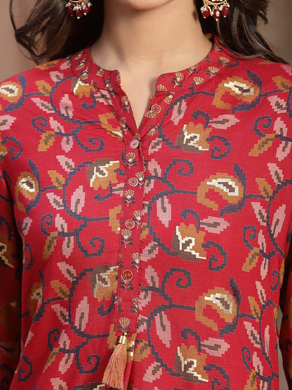Red Muslin Printed Straight Kurta