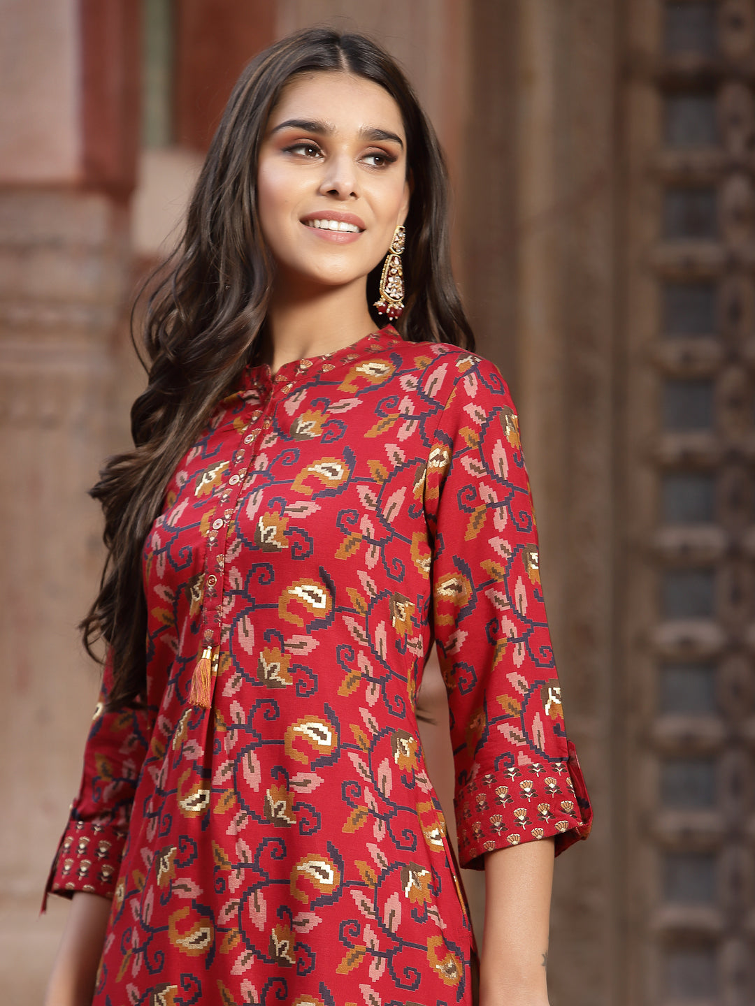 Red Muslin Printed Straight Kurta