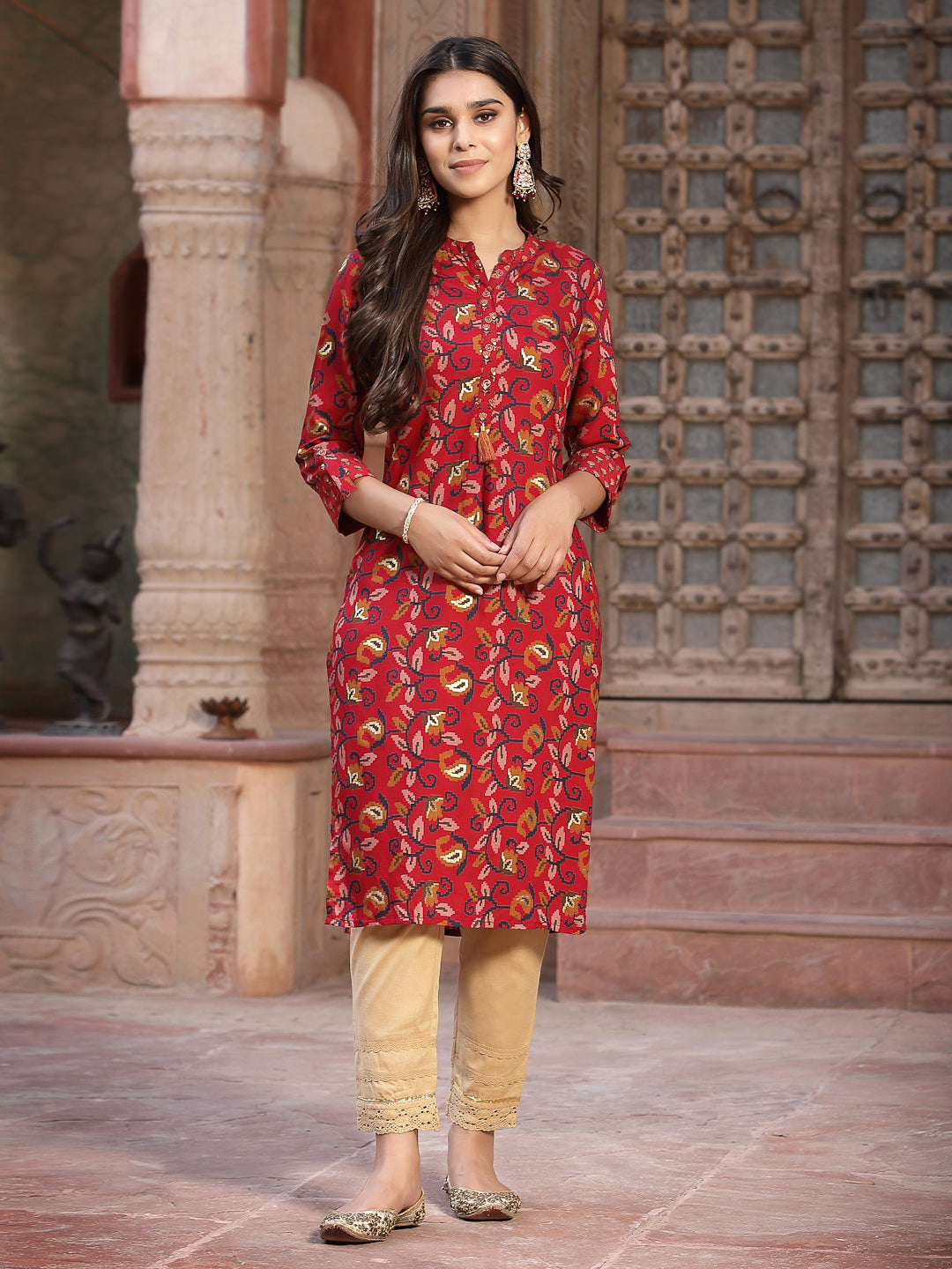 Red Muslin Printed Straight Kurta