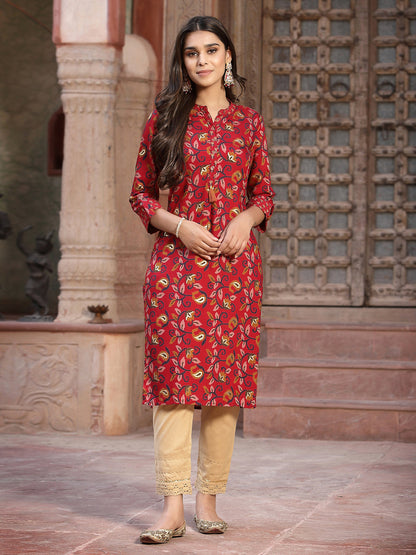 Red Muslin Printed Straight Kurta