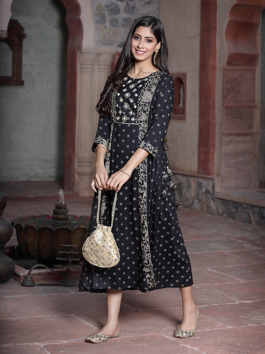 Black Rayon Printed Embroidered Flared Dress