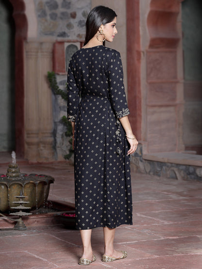 Black Rayon Printed Embroidered Flared Dress
