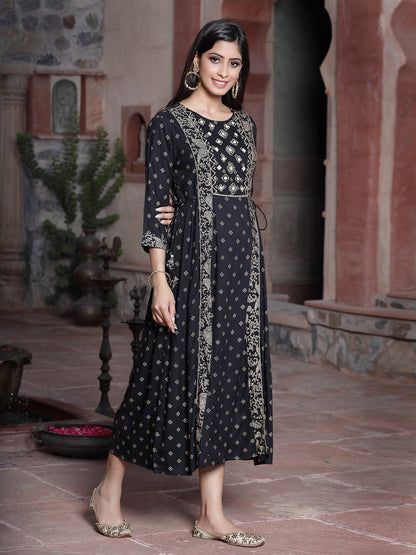 Black Rayon Printed Embroidered Flared Dress