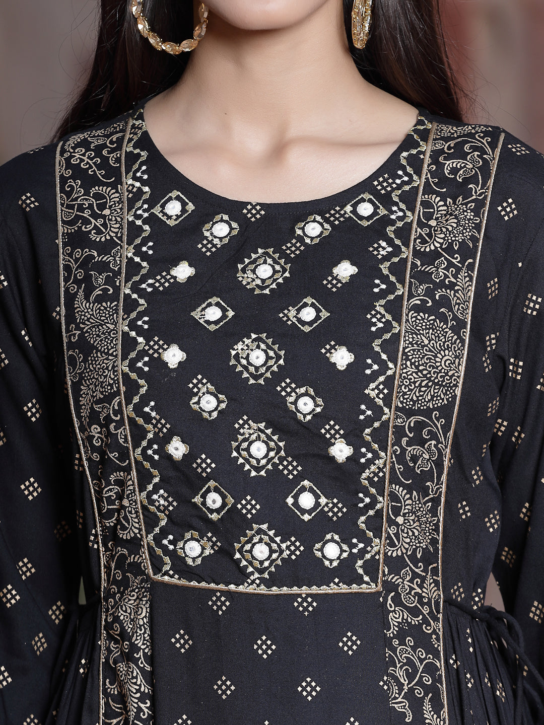 Black Rayon Printed Embroidered Flared Dress