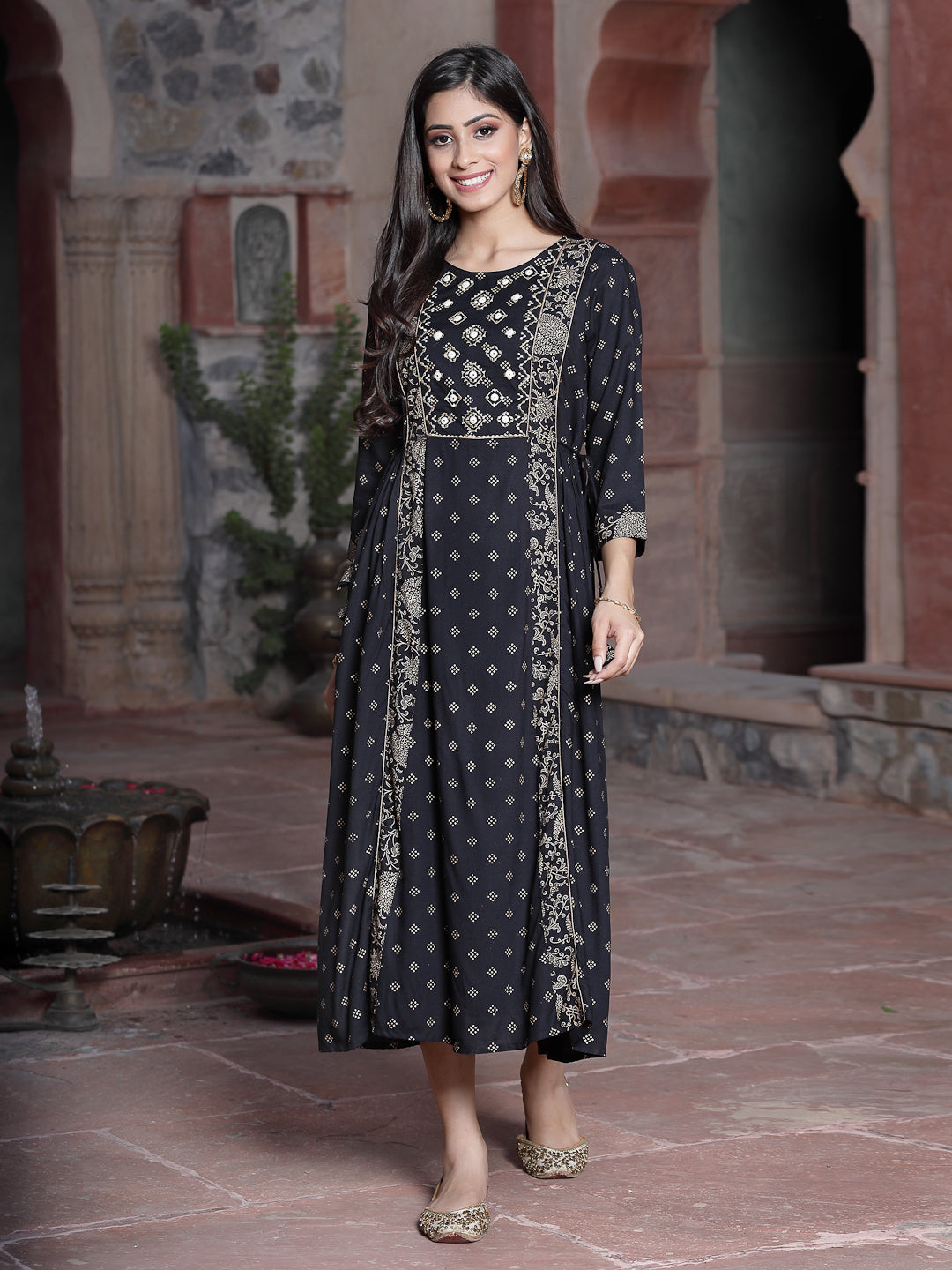 Black Rayon Printed Embroidered Flared Dress