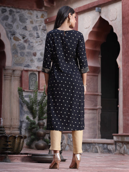 Black Rayon Printed Straight Kurta
