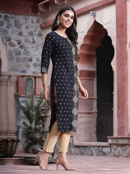Black Rayon Printed Straight Kurta