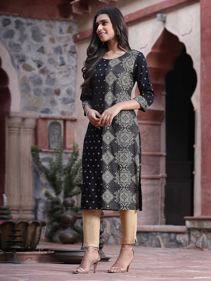 Black Rayon Printed Straight Kurta