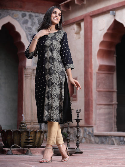 Black Rayon Printed Straight Kurta