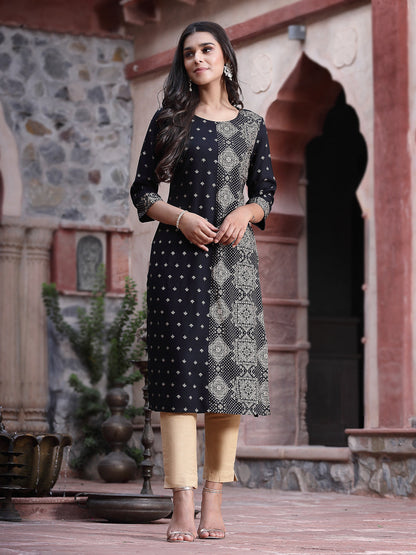 Black Rayon Printed Straight Kurta