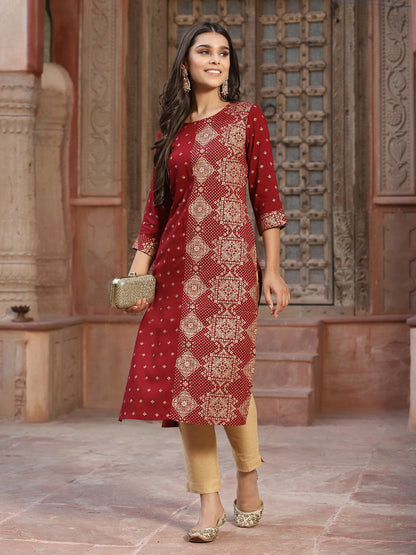 Maroon Rayon Printed Straight Kurta