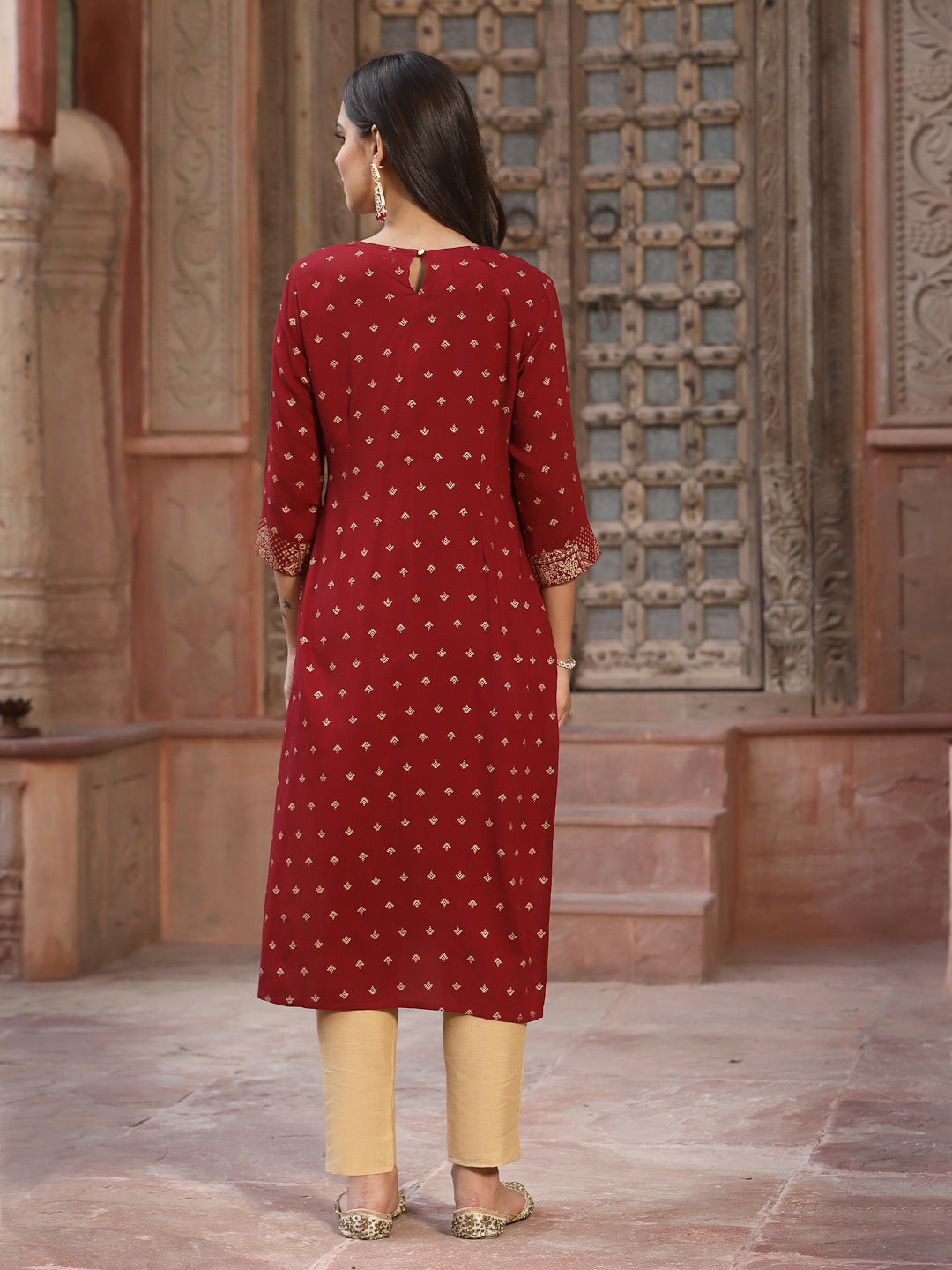 Maroon Rayon Printed Straight Kurta