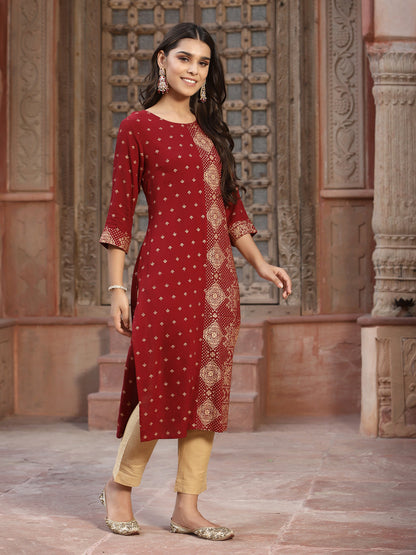 Maroon Rayon Printed Straight Kurta
