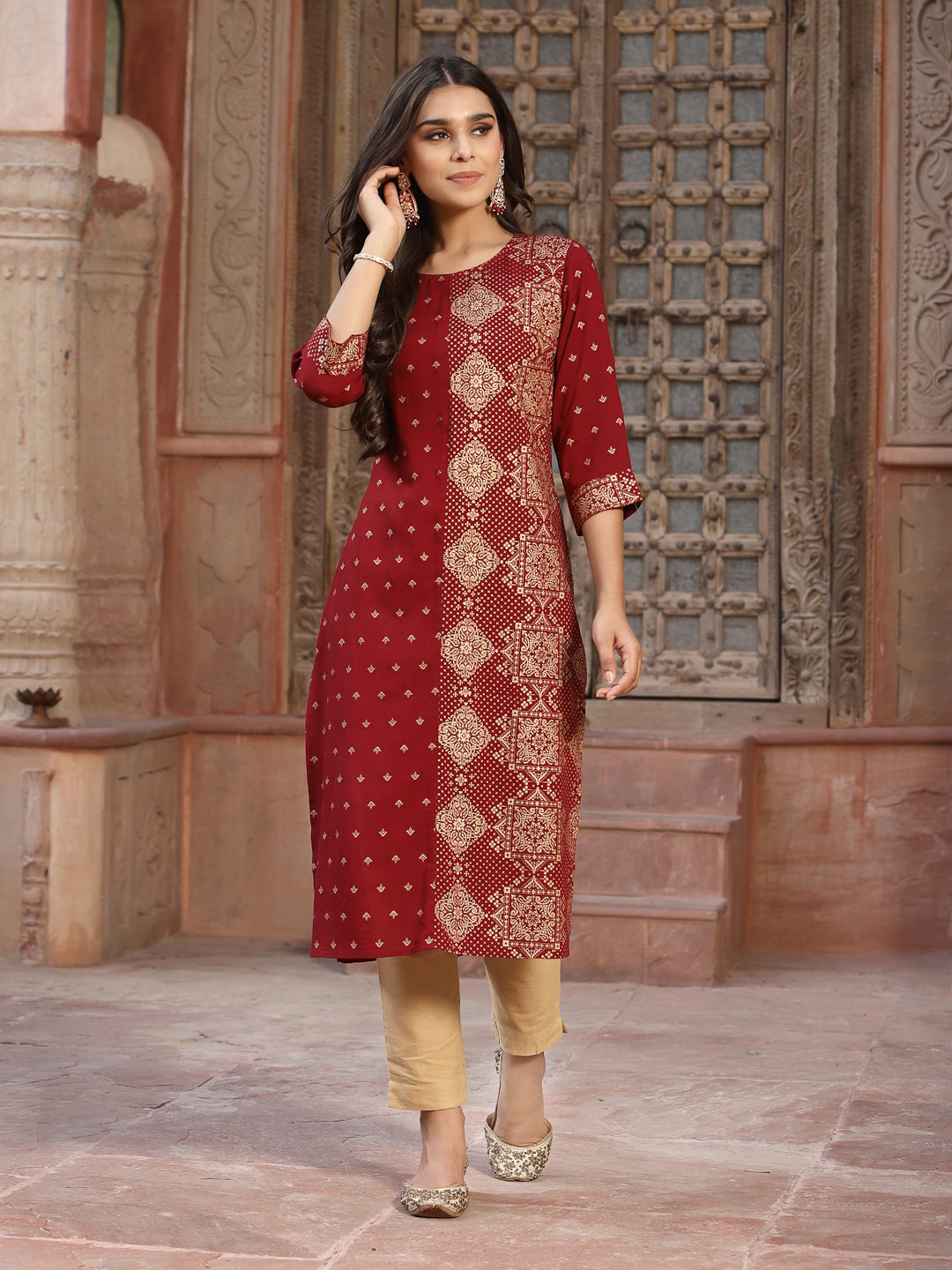 Maroon Rayon Printed Straight Kurta