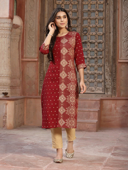 Maroon Rayon Printed Straight Kurta