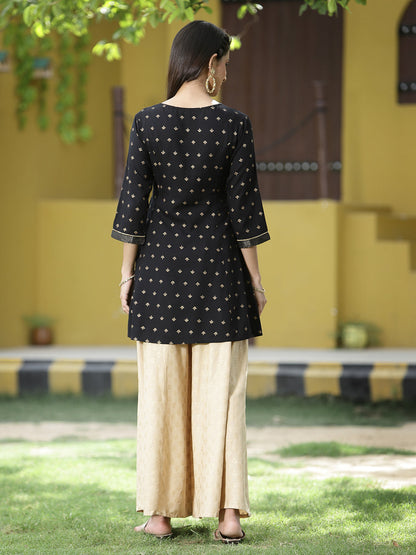 Black Rayon Festive Printed A-Line Tunic