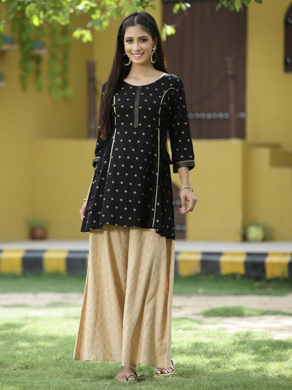Black Rayon Festive Printed A-Line Tunic
