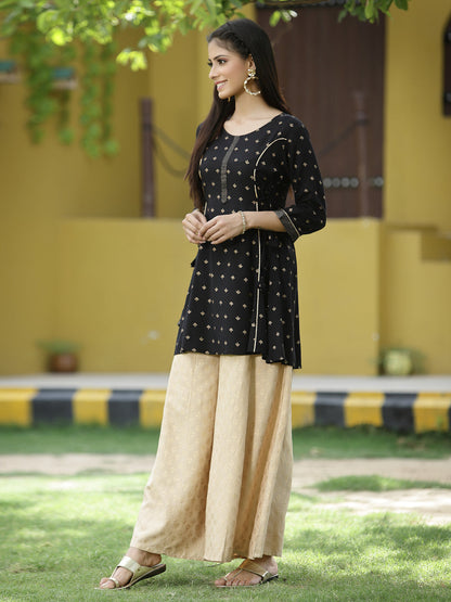 Black Rayon Festive Printed A-Line Tunic