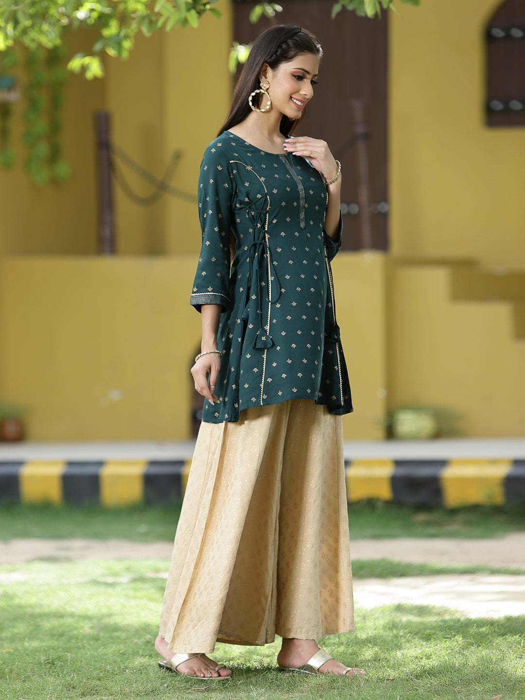 Green Rayon Festive Printed A-Line Tunic