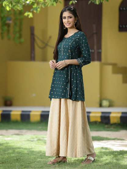 Green Rayon Festive Printed A-Line Tunic