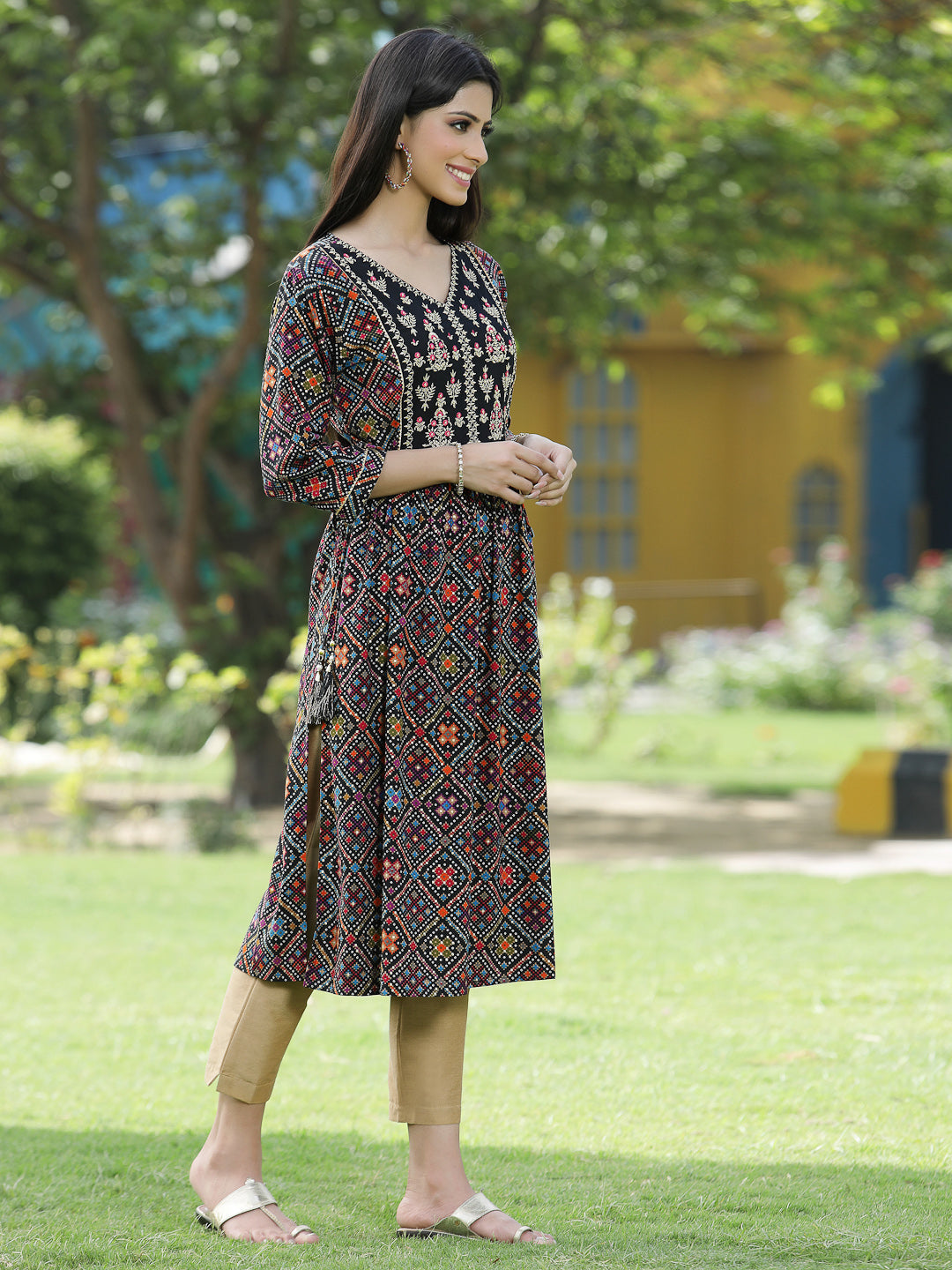 Black Rayon Festive Printed Flared Kurta