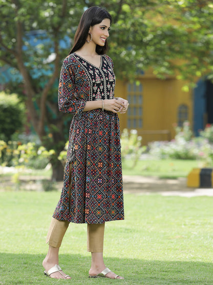 Black Rayon Festive Printed Flared Kurta