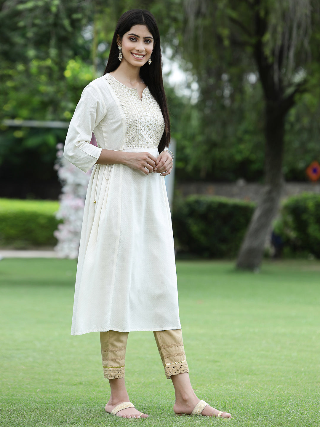 Ivory Rayon Festive Embroidered Flared Kurta