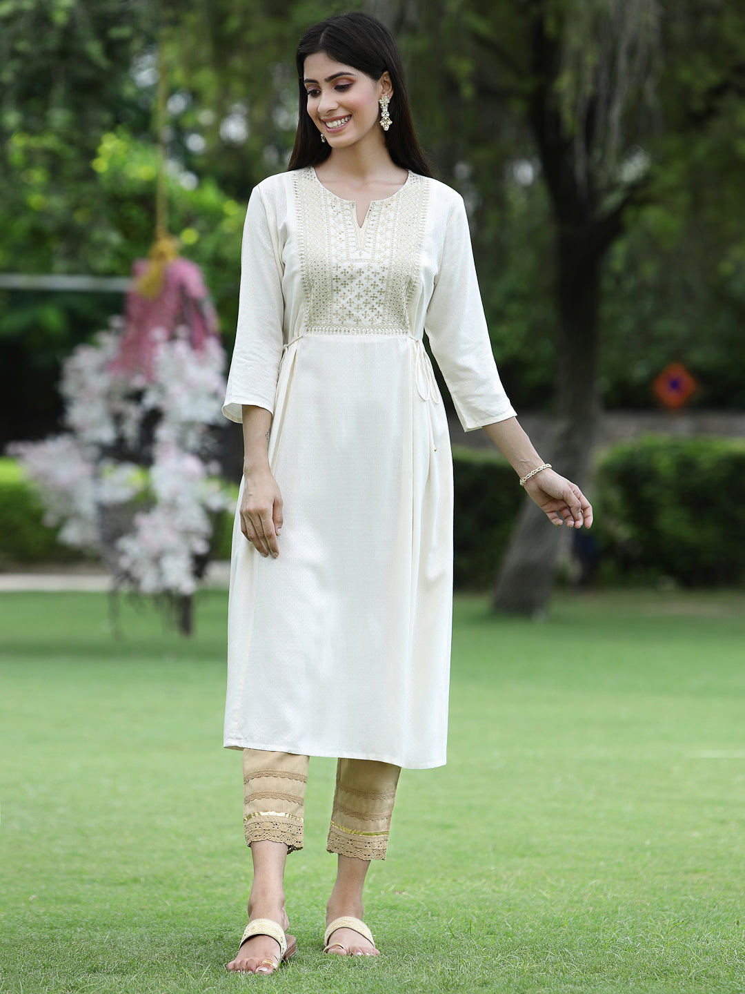 Ivory Rayon Festive Embroidered Flared Kurta