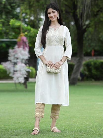 Ivory Rayon Festive Embroidered Flared Kurta