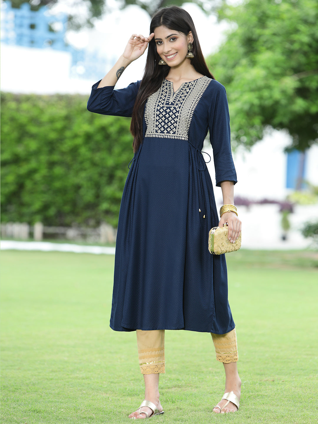 Navy Rayon Festive Embroidered Flared Kurta
