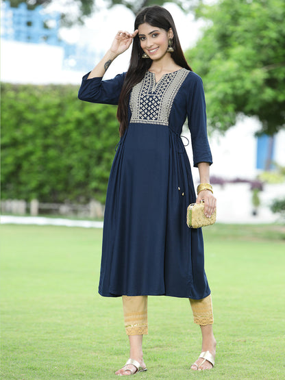 Navy Rayon Festive Embroidered Flared Kurta