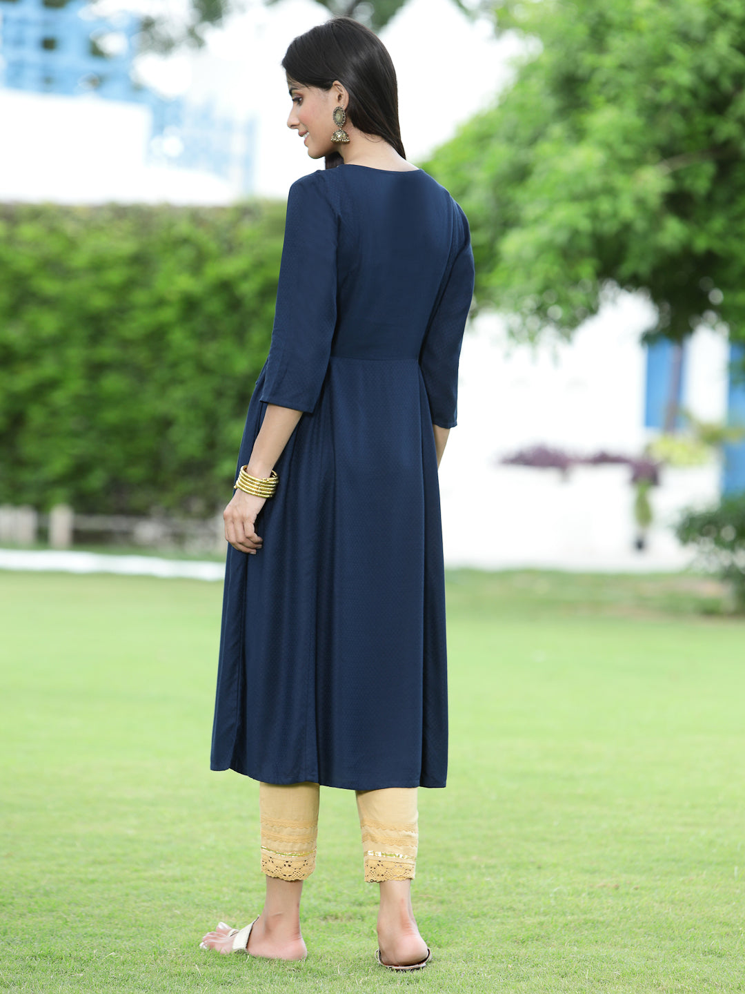 Navy Rayon Festive Embroidered Flared Kurta