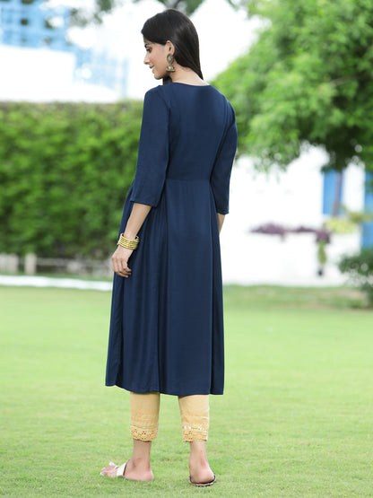 Navy Rayon Festive Embroidered Flared Kurta