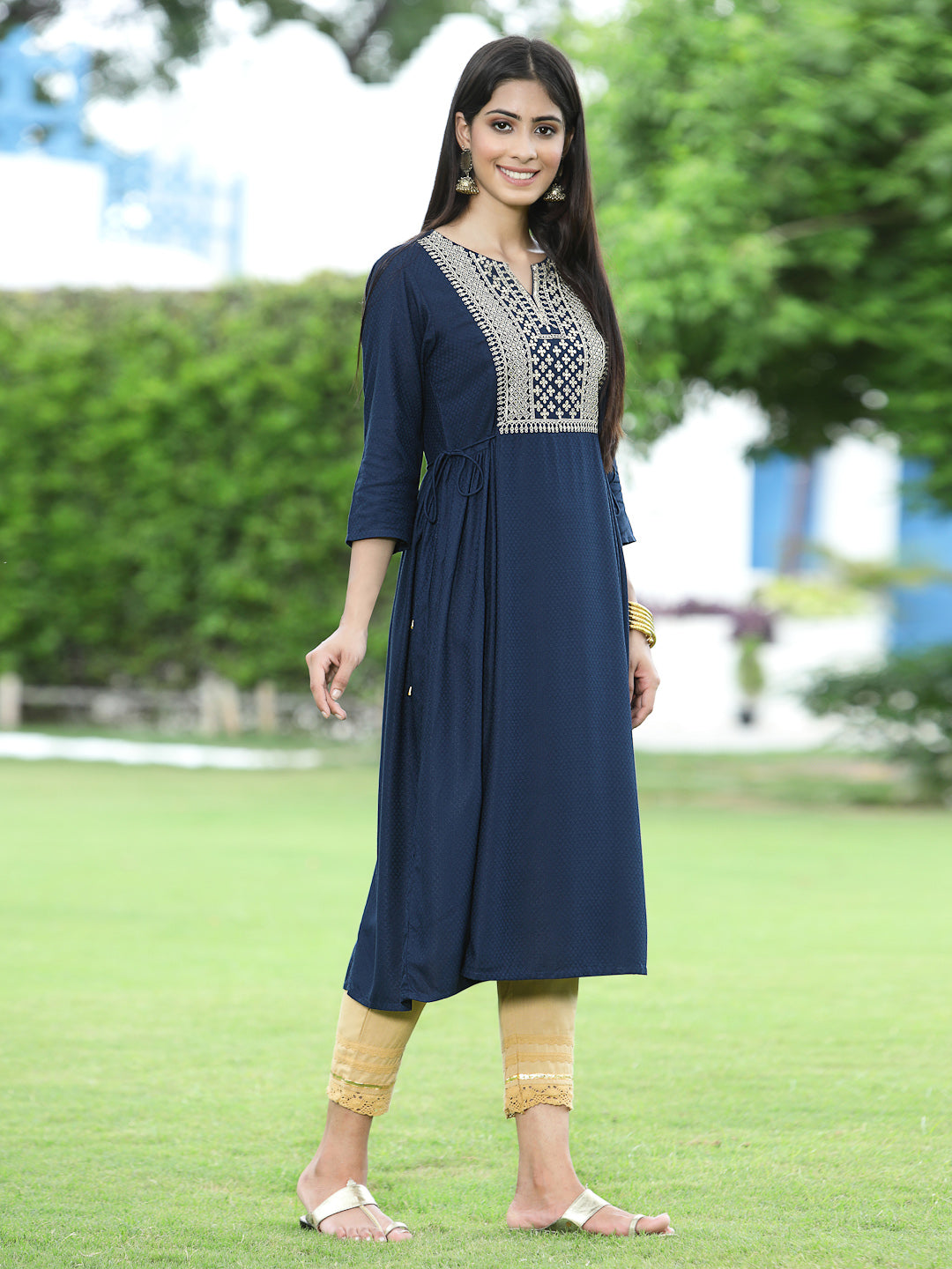 Navy Rayon Festive Embroidered Flared Kurta