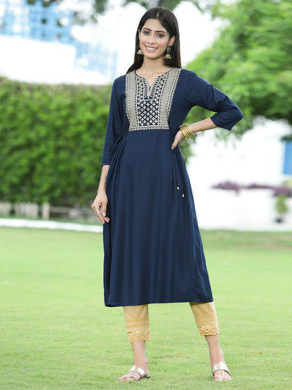 Navy Rayon Festive Embroidered Flared Kurta