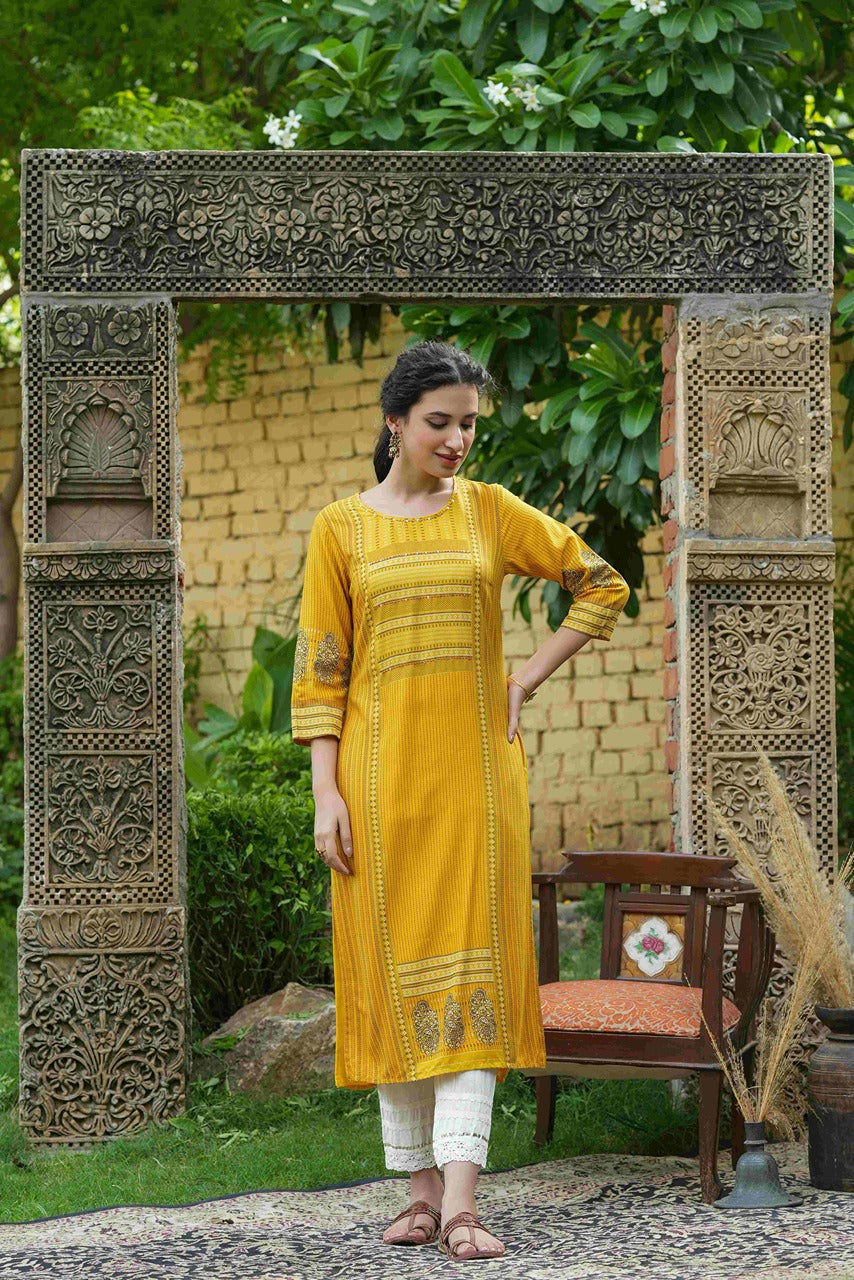 Mustard Rayon Festive Printed Straight Kurta