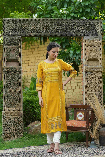 Mustard Rayon Festive Printed Straight Kurta