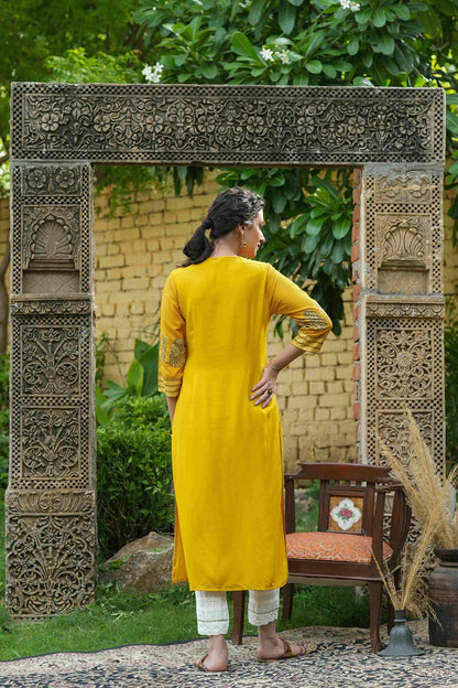 Mustard Rayon Festive Printed Straight Kurta