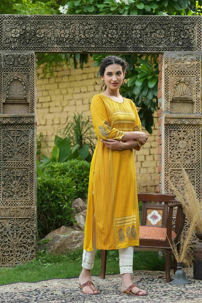 Mustard Rayon Festive Printed Straight Kurta