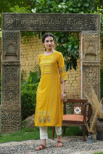 Mustard Rayon Festive Printed Straight Kurta