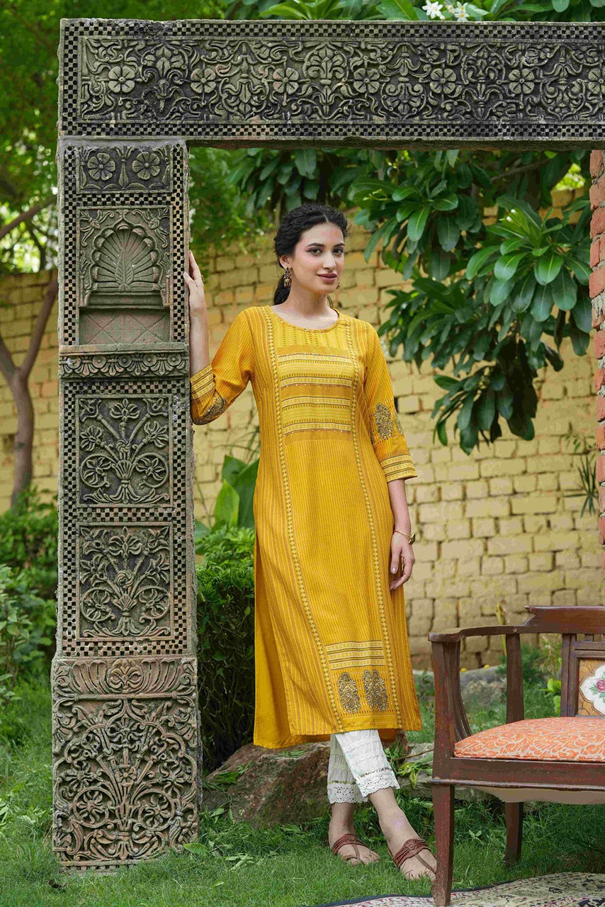 Mustard Rayon Festive Printed Straight Kurta