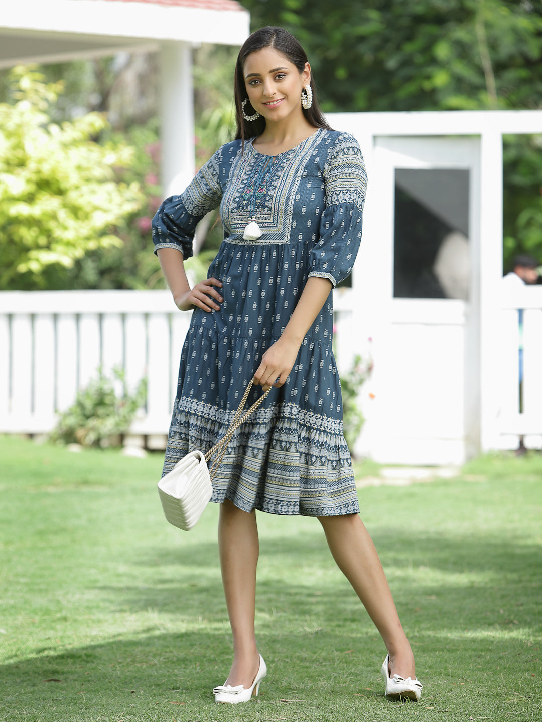 Blue Rayon Festive Printed Tiered Dress