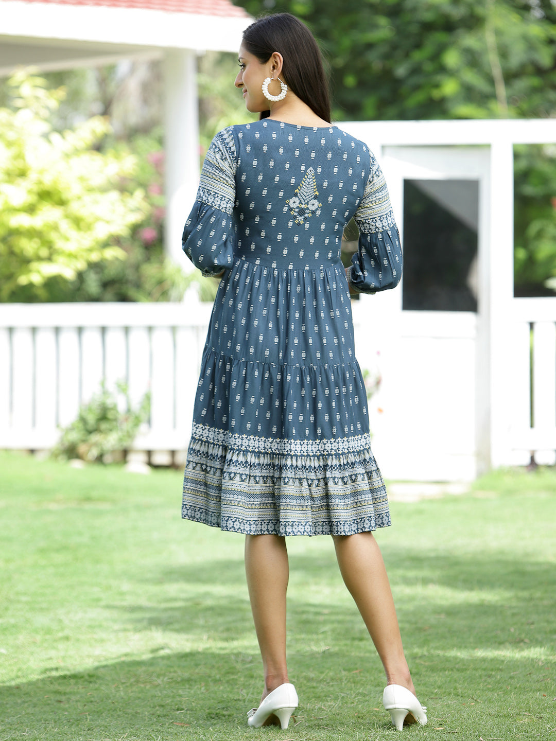 Blue Rayon Festive Printed Tiered Dress