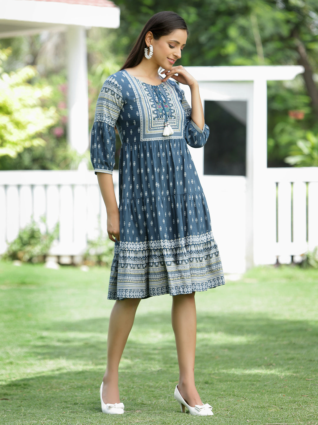 Blue Rayon Festive Printed Tiered Dress