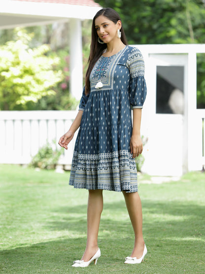 Blue Rayon Festive Printed Tiered Dress